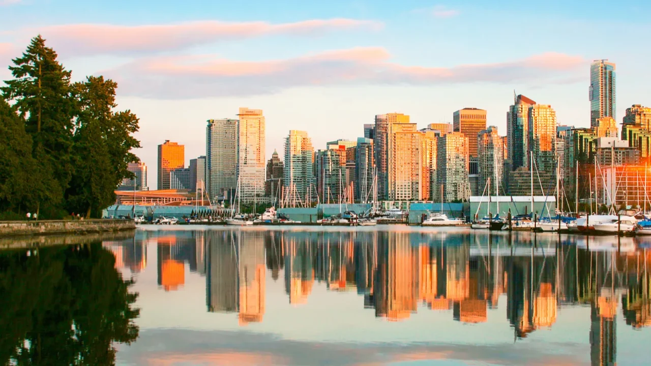 vancouver skyline with stanley park at sunset british columbia canada