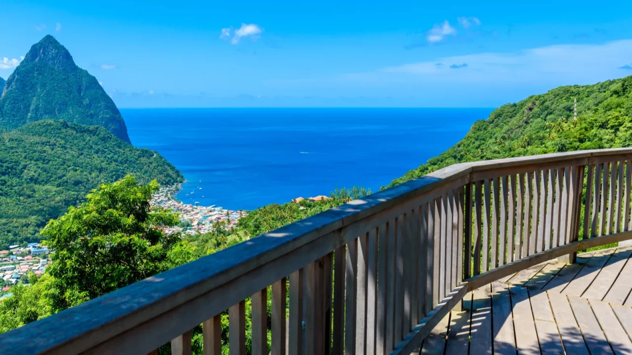 View from balcony to Gros and Petit Pitons on Caribbean island St Lucia