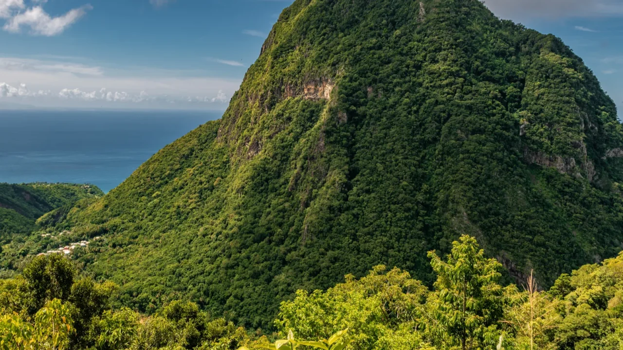 view of the famous piton mountains in st lucia