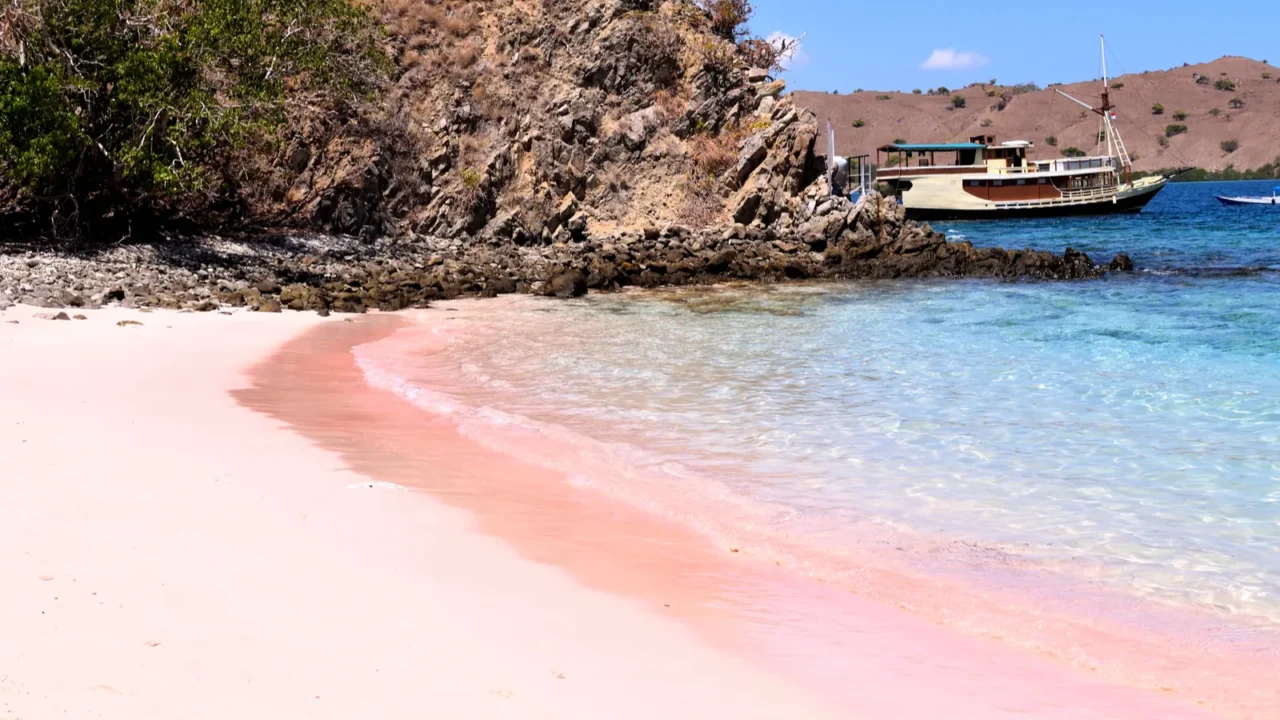 view of the pink beach in komodo national park indonesia