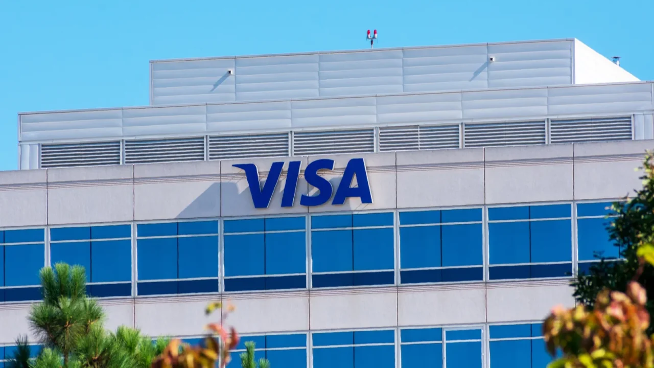 visa logo and sign on headquarters of financial services corporation