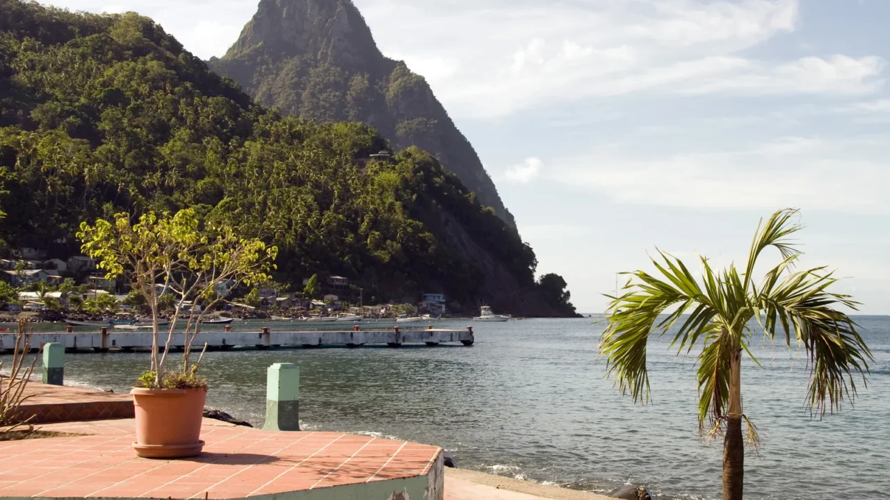 waterfront park soufriere st lucia with view of famous twin