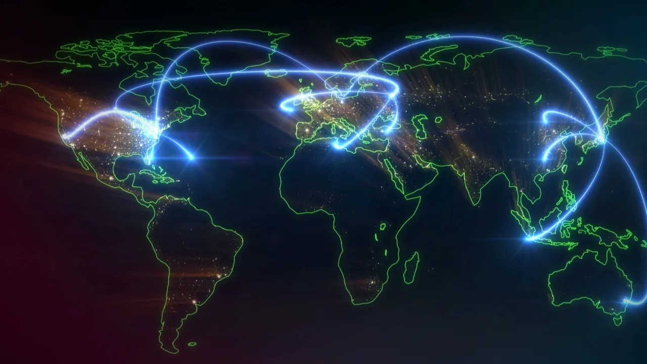 world map drawn lines city to city