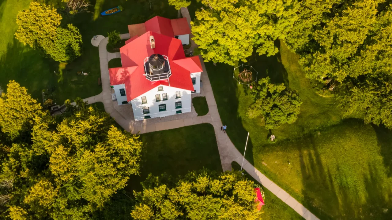 Aerial view of Leelanau state park, and Historic Grand Traverse lighthouse in Michigan
