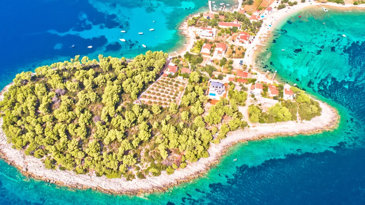aerial view of prizba on island korcula archipelago of dalmatia