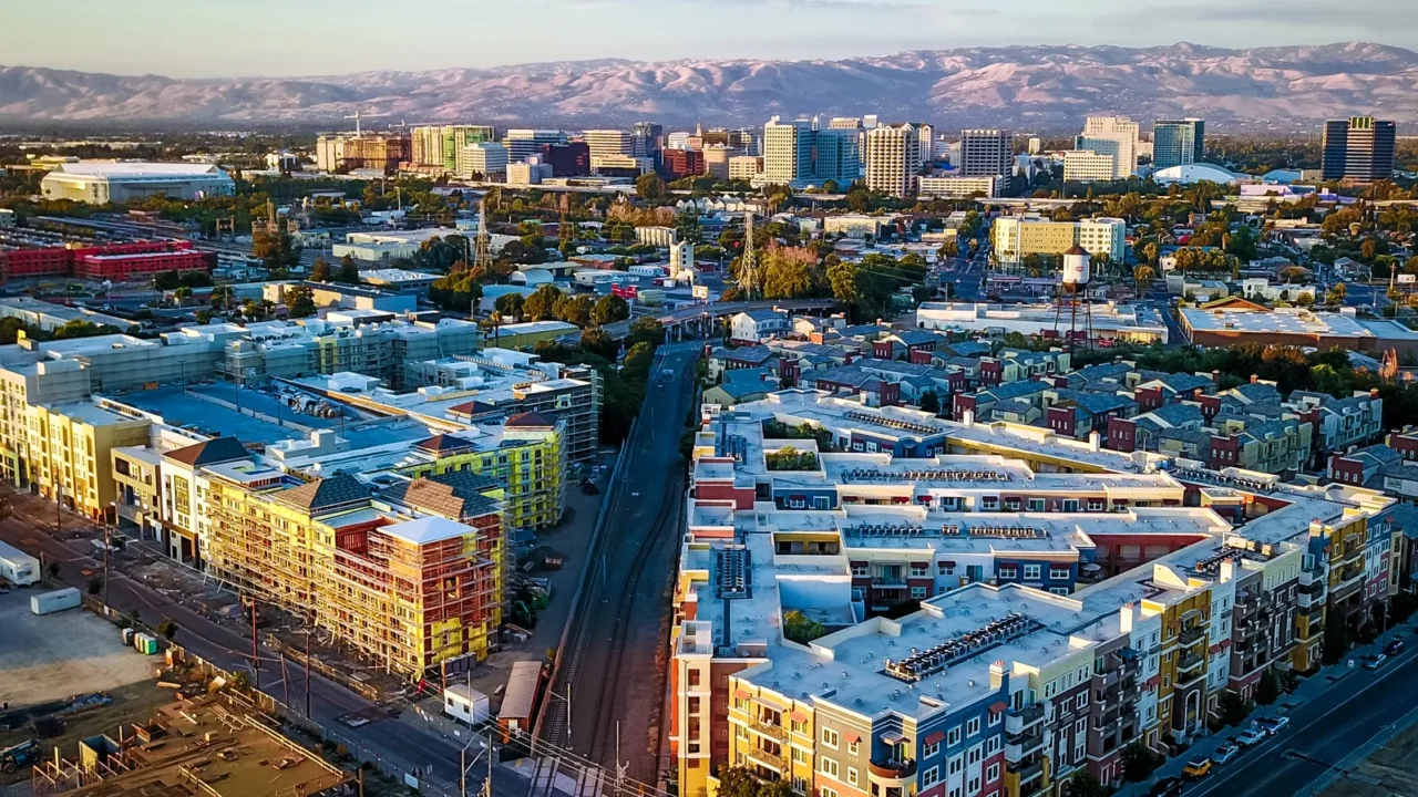 aerial view of sunset over downtown san jose in california