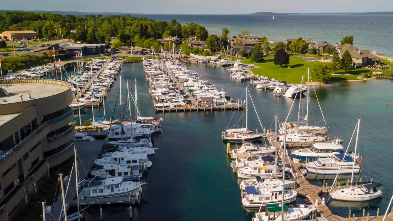 aerial view of traverse city marina in michigan with several
