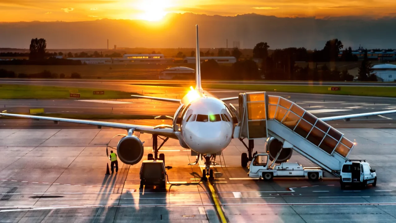 airplane near the terminal in an airport at the sunset