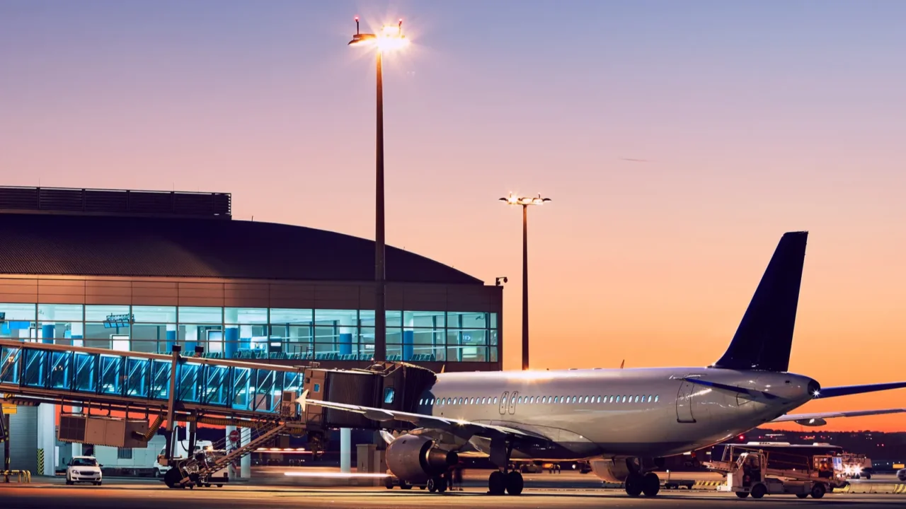 airport at the colorful sunset