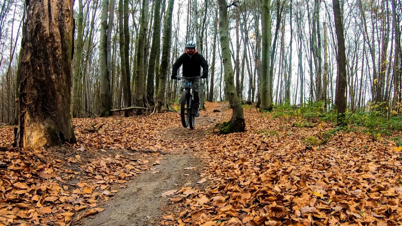 amateur rider on the bicycle in the autumn park