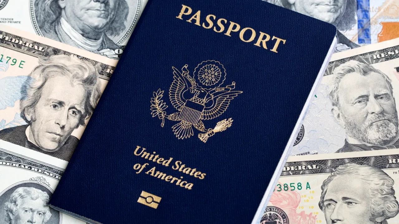 American passport on a US money.