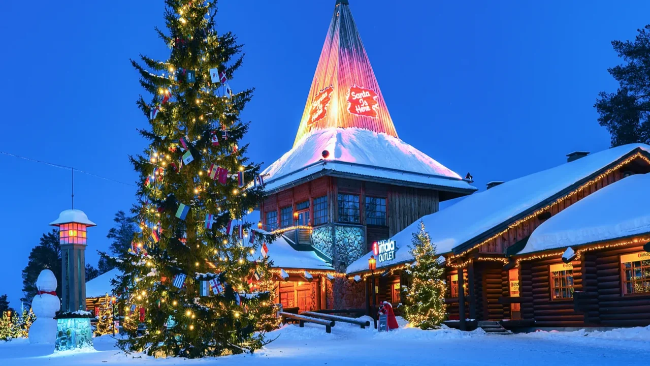 arctic circle lamps in santa office in santa village evening