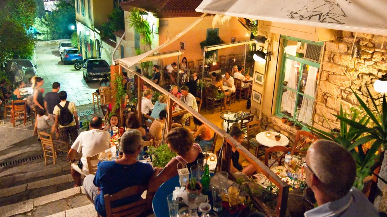 athensaugust 22 street with various restaurants and bars locals and