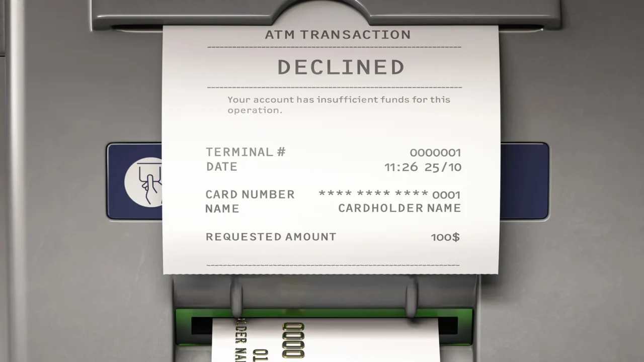 atm machine and receipt with text declined for insufficient funds
