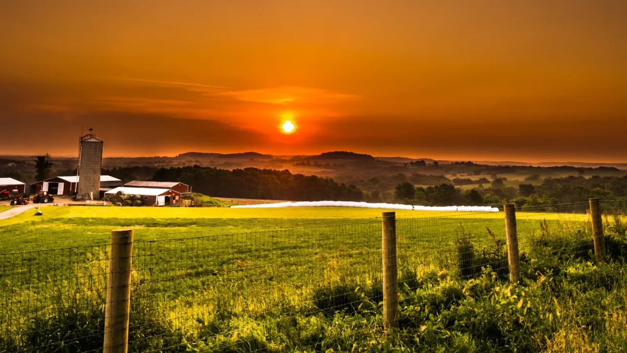 beautiful orange and yellow colorful sunset over a rural farm