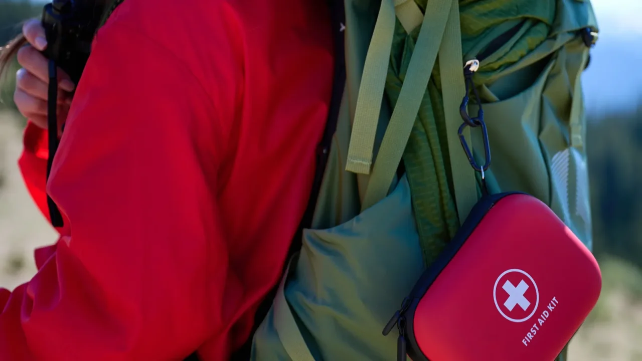 big backpack features red first aid kit experienced tourist equipped
