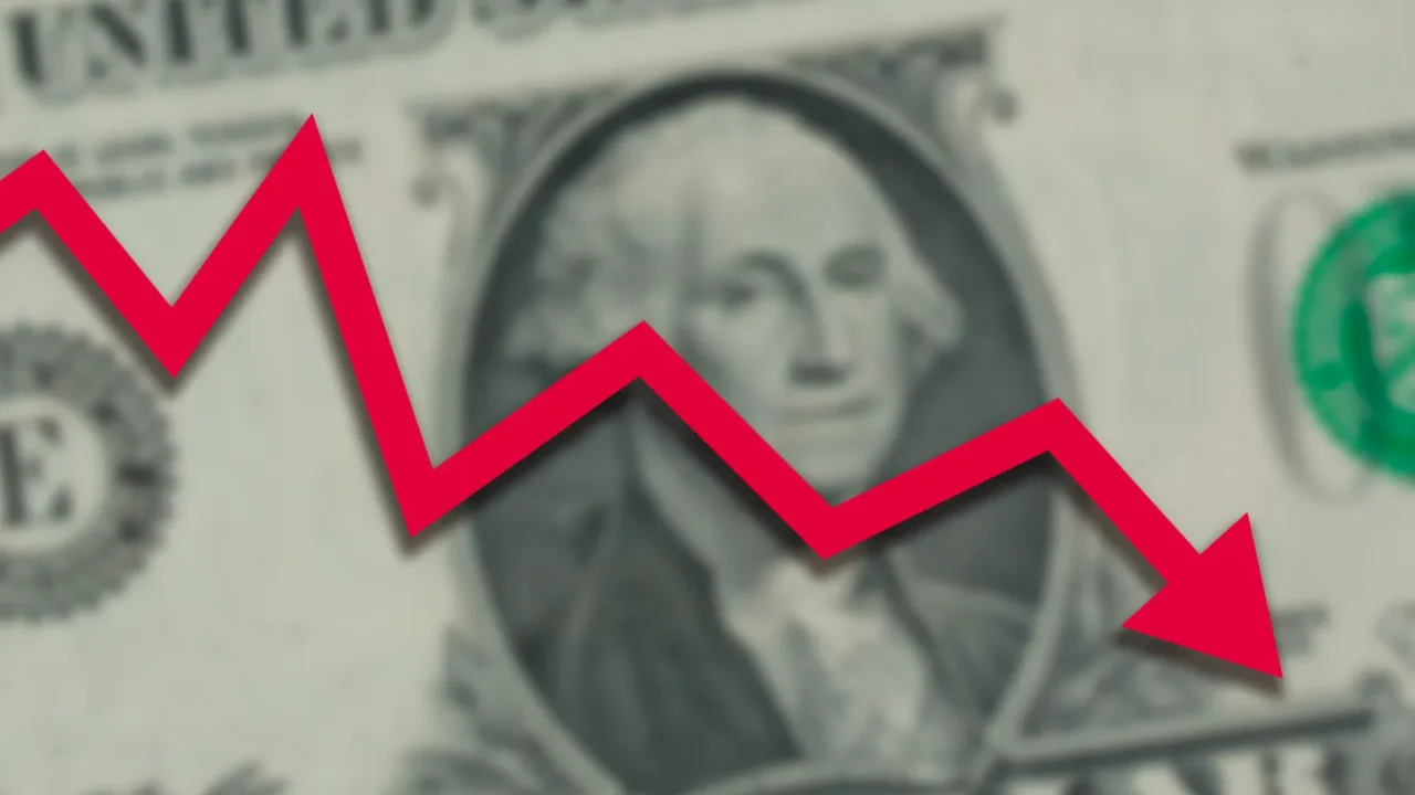 blurred one us dollar bill with red stock market chart