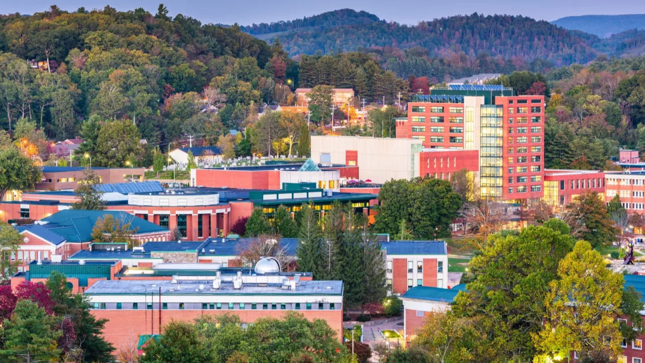 boone north carolina usa campus and town skyline at twilight