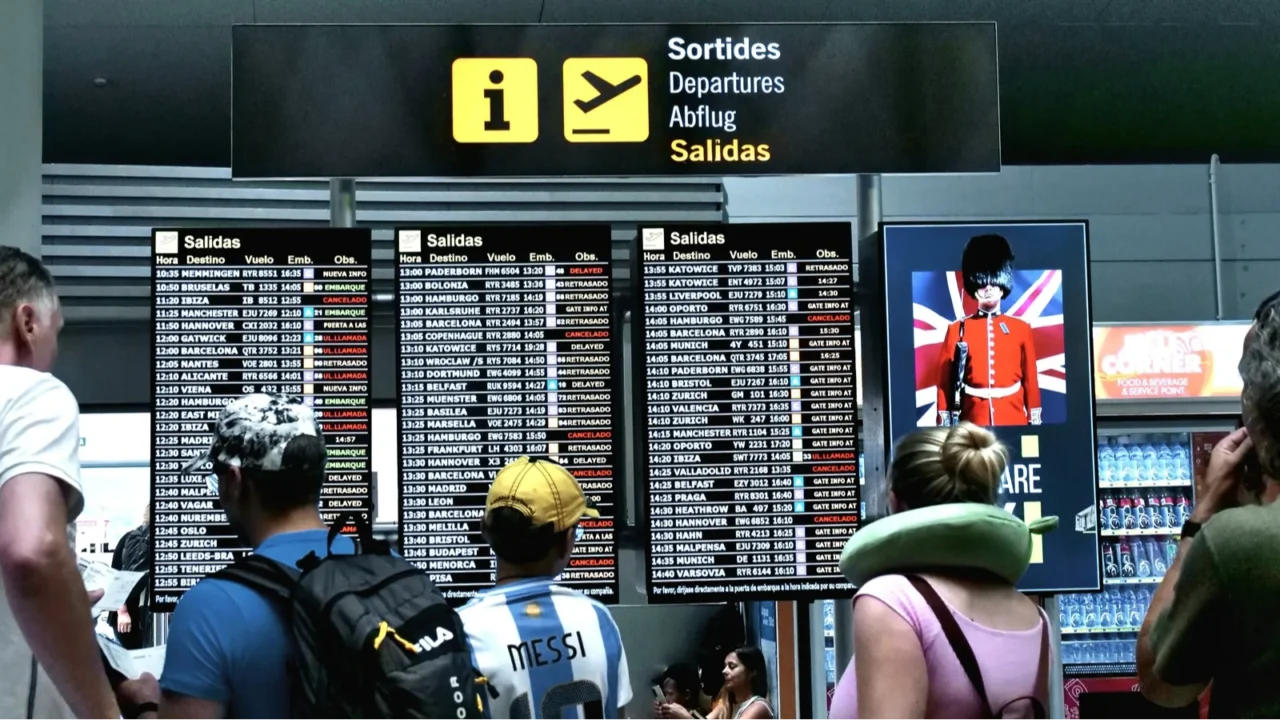 busy airport departure board filled with canceled flights travelers anxiously