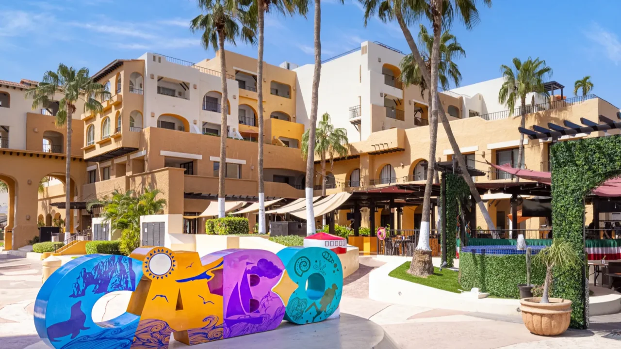 Los Cabos colorful letters in Cabo San Lucas marina a departure point for cruises.