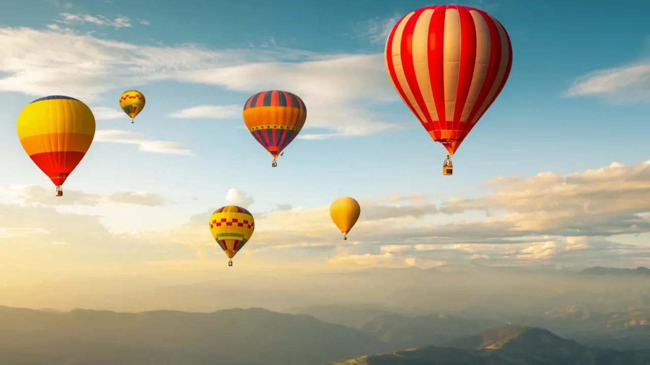 colorful hot air balloons flying over mountain at sunset adventure