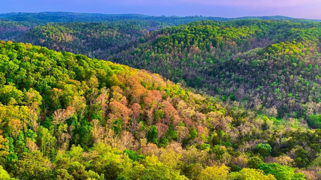 colorful sunset in eureka springs arkansas from a lookout tower