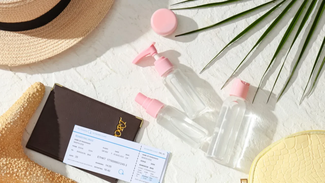 composition with travel cosmetic products beach accessories ticket and palm