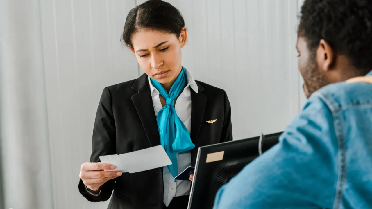 concentrated african american airport worker looking at air ticket