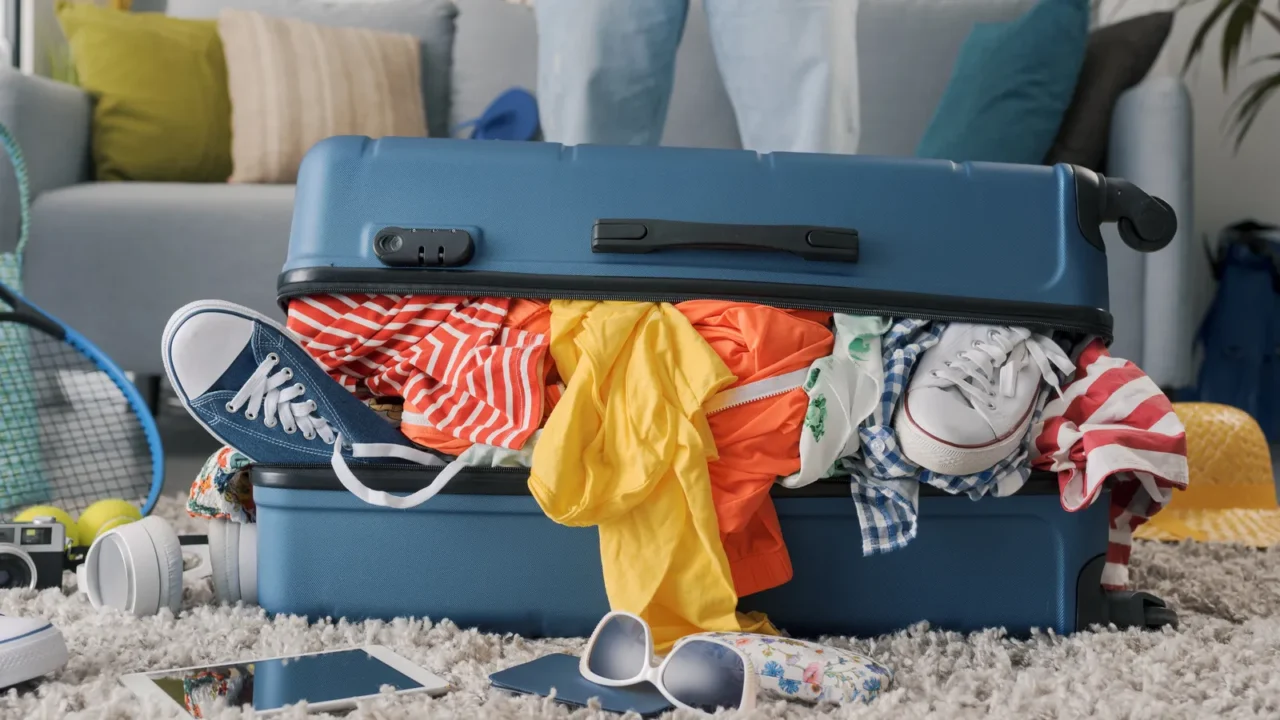 disappointed woman packing for a journey she is standing in