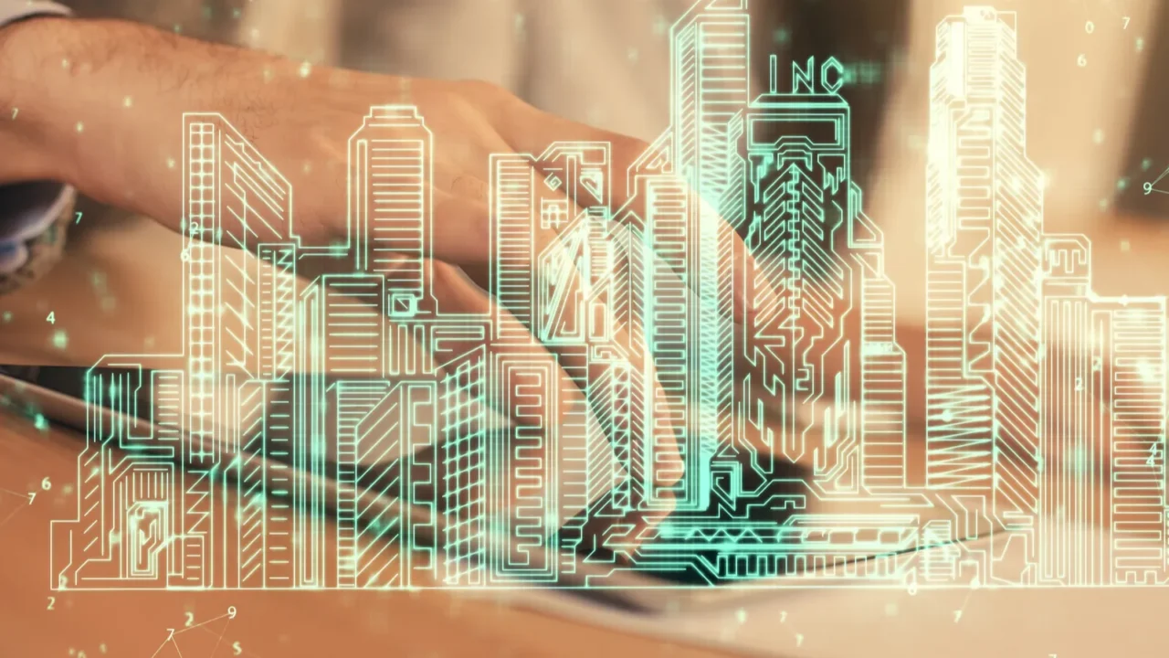 double exposure of town hologram and man and woman working