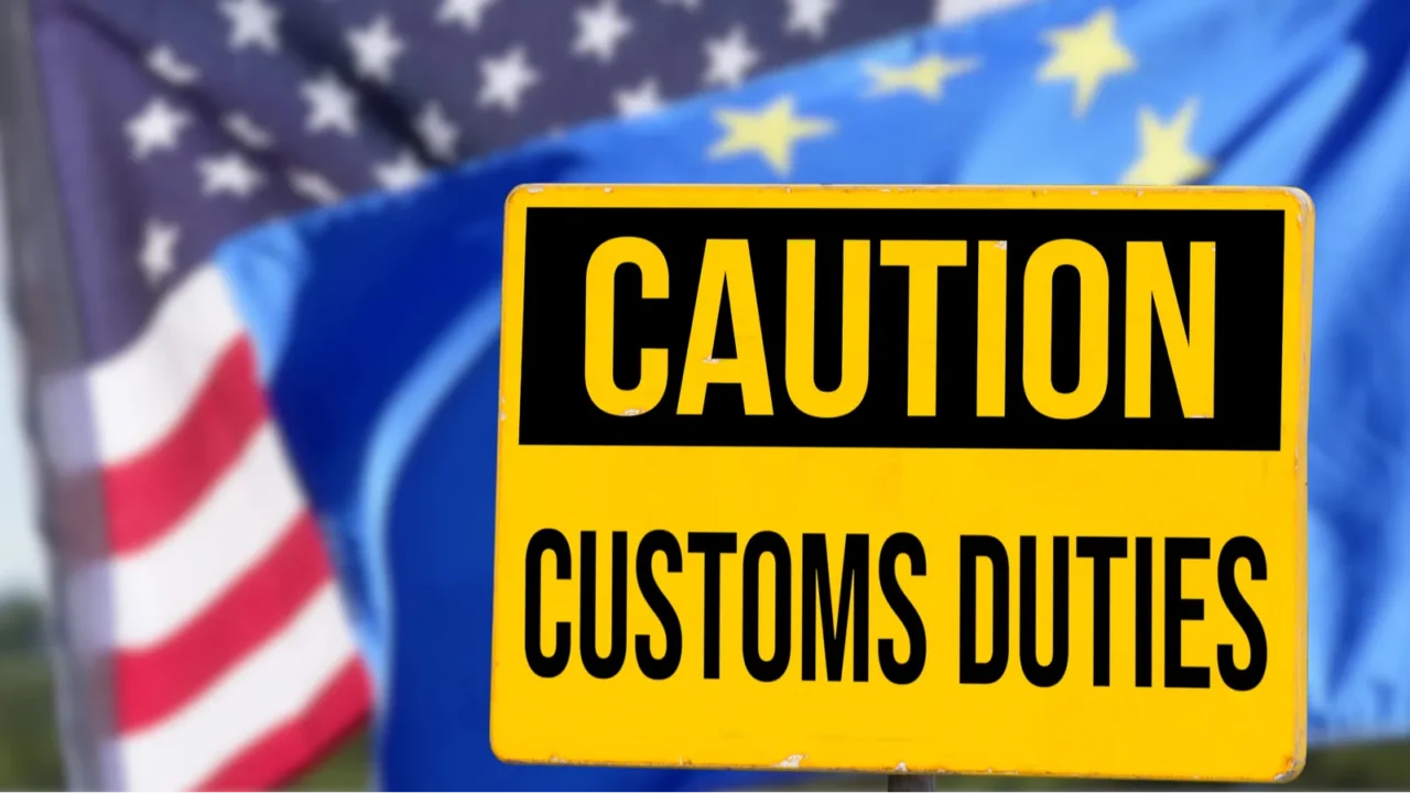 european union eu and usa flags and customs duties sign
