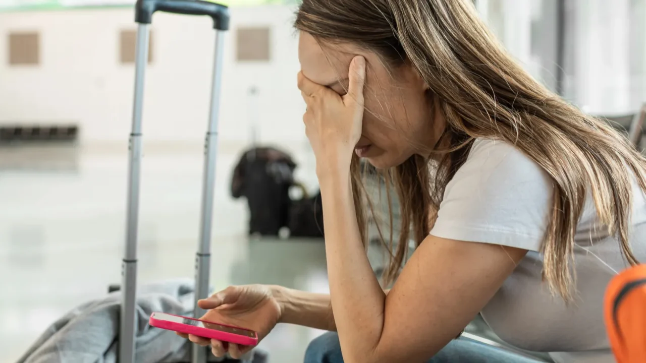 exhausted female passenger waiting for her rescheduled delayed flight with