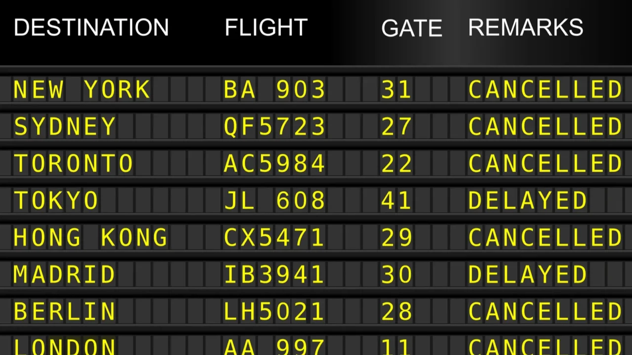 flight departures board isolated on white background cancelled and delayed