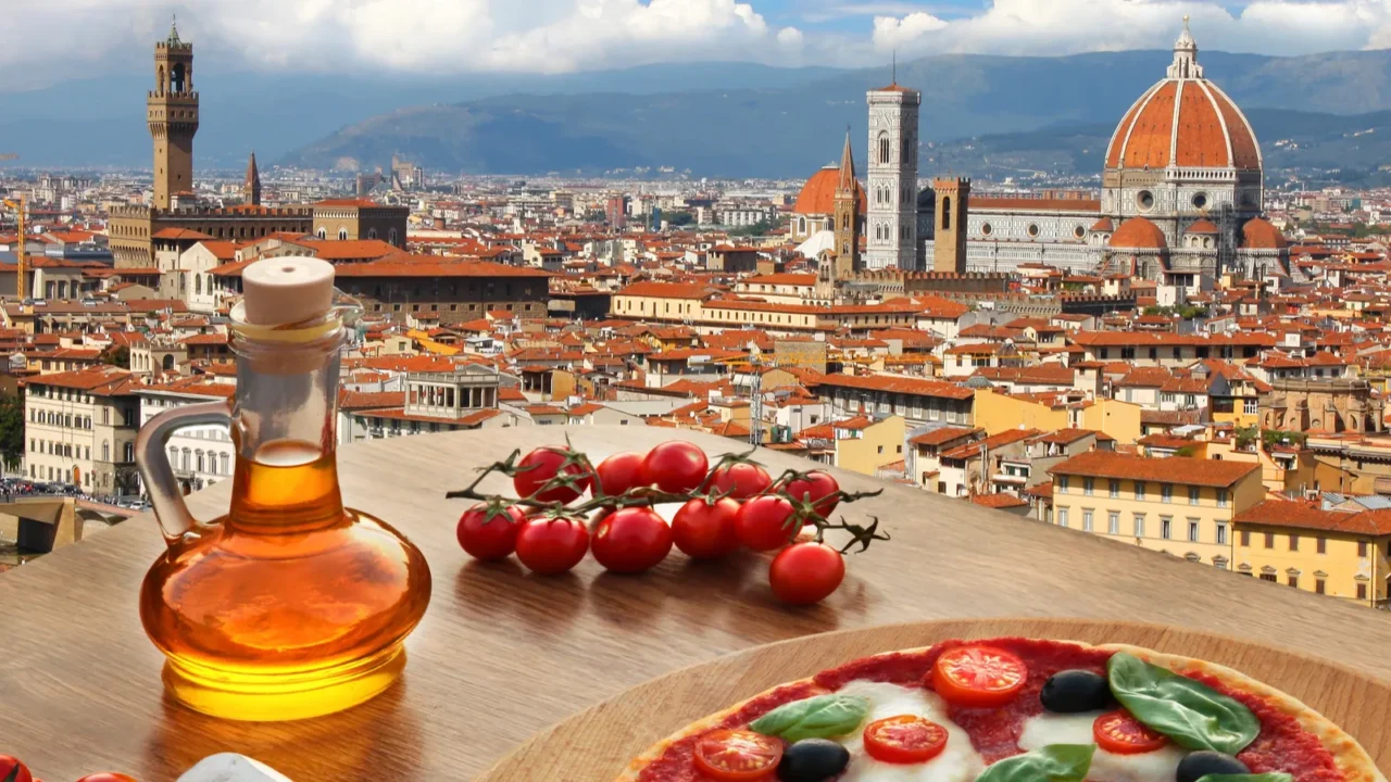 florence with cathedral and typical italian pizza in tuscany italy