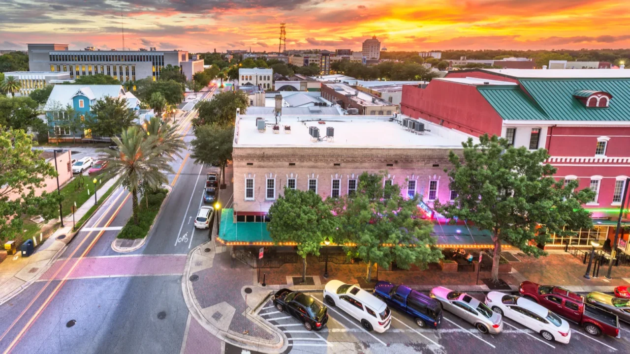 Gainesville, Florida, USA downtown cityscape at dusk.