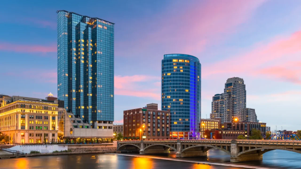 grand rapids michigan usa downtown skyline on the grand river