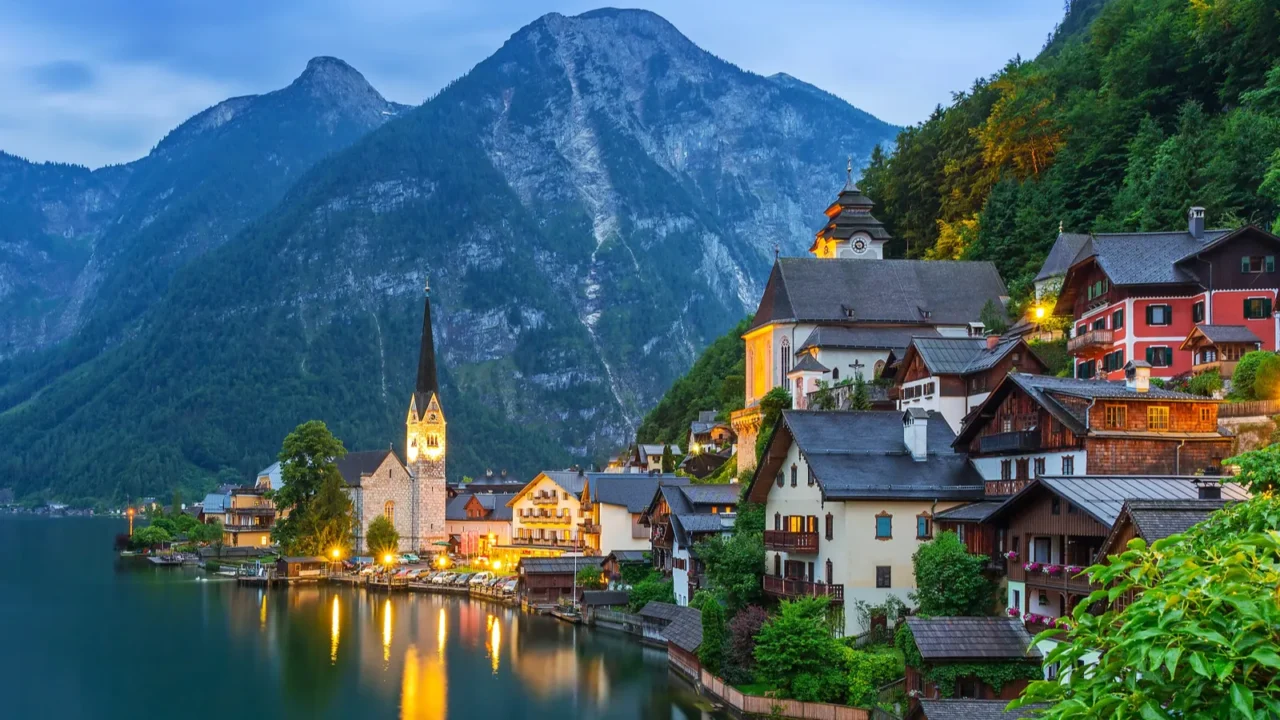 hallstatt village in alps at dusk