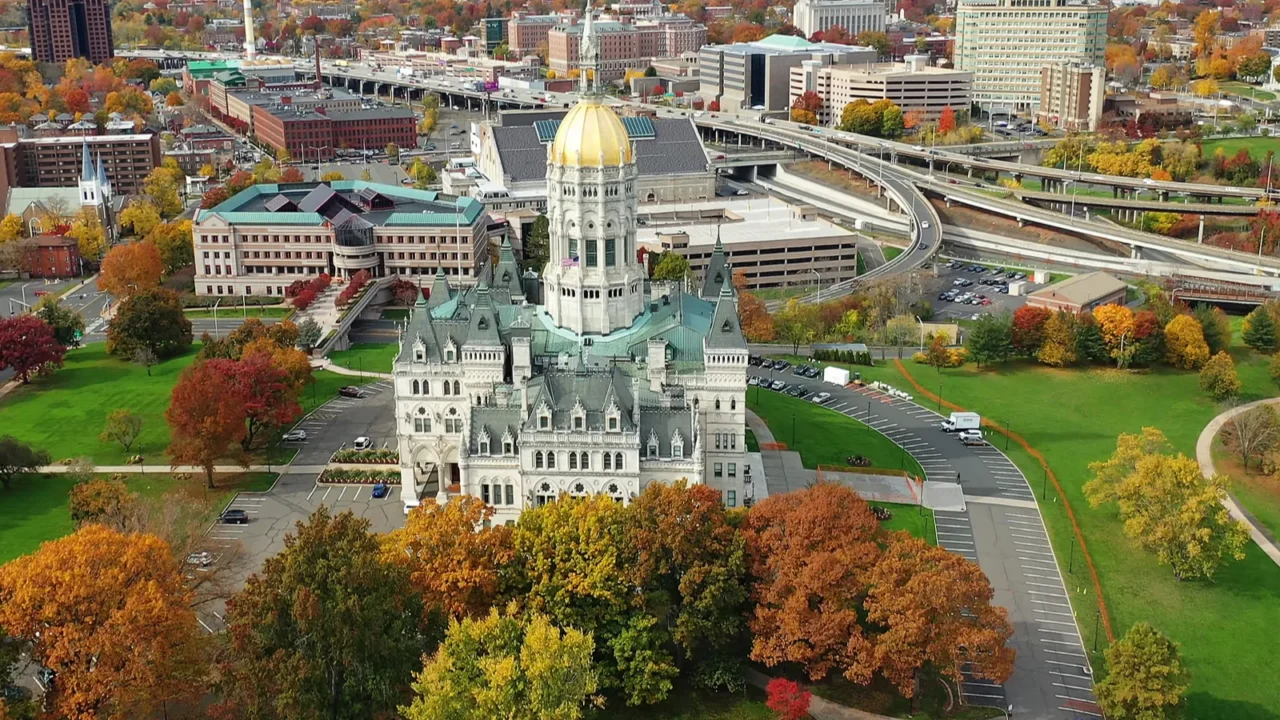 An aerial of the Connecticut State Capitol in Hartford, United States
