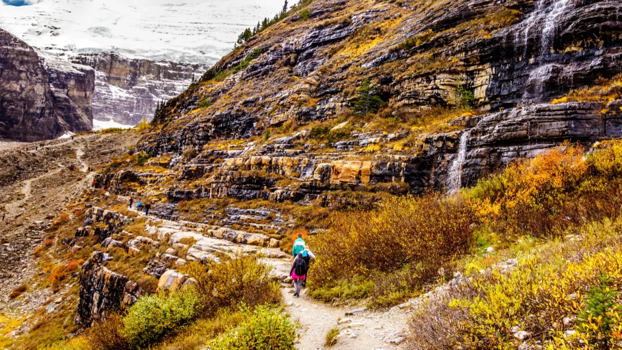 hiking on the trail to the plain of six glaciers