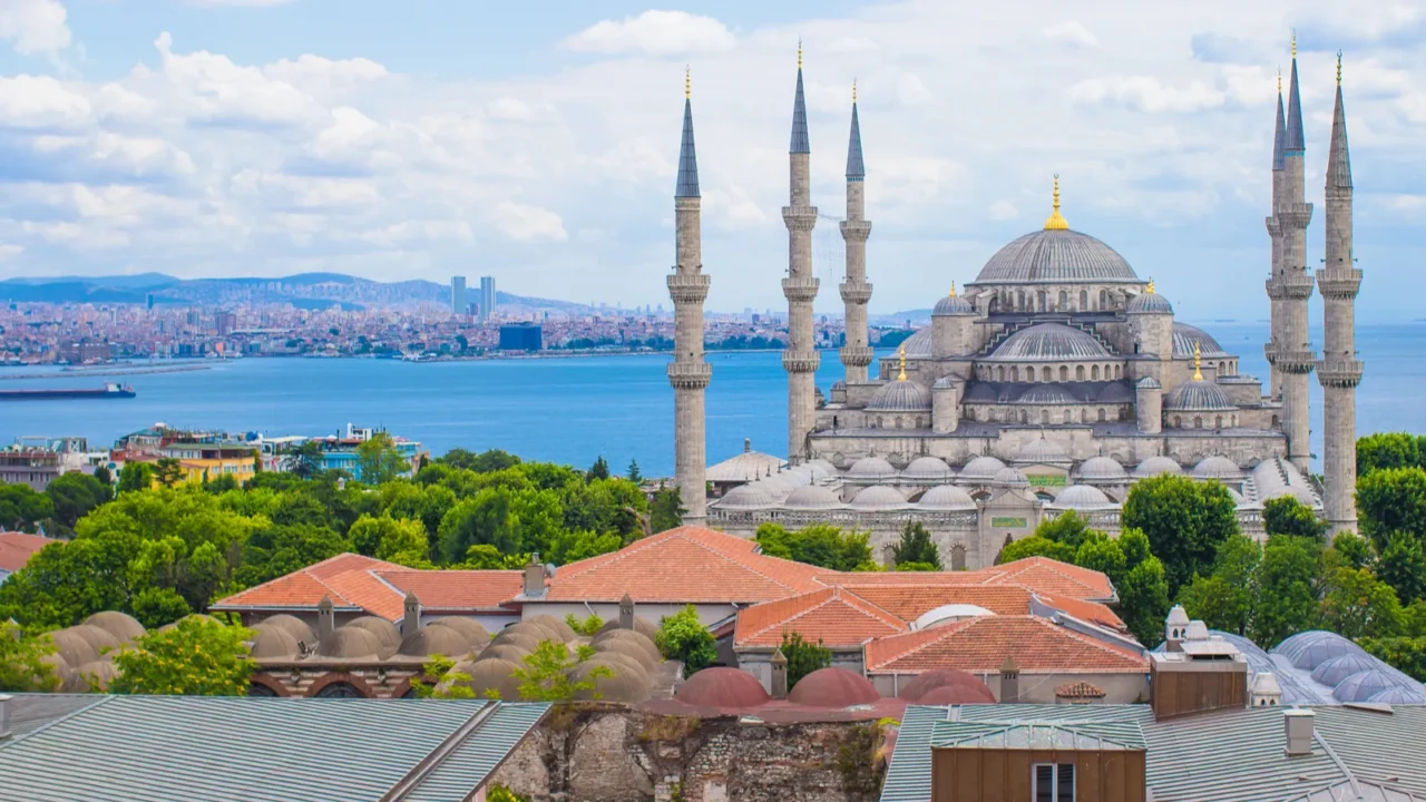 incredible beautiful view of blue mosque from hotel terrace