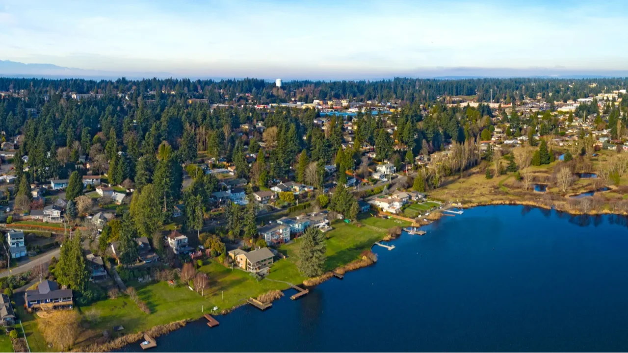 lake ballinger mountlake terrace edmonds washington olympic mountains background aerial