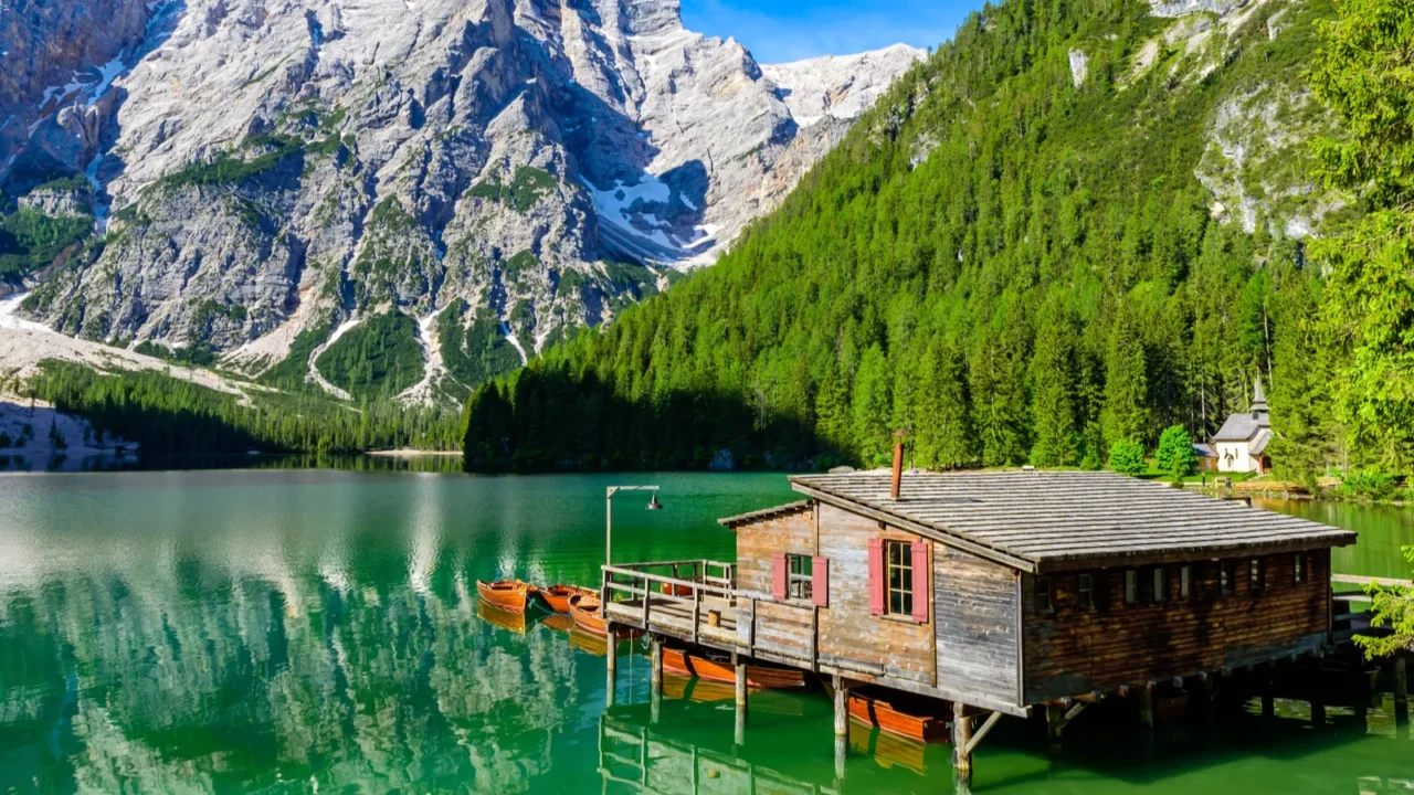 Lake Braies (also known as Pragser Wildsee or Lago di Braies) in Dolomites Mountains.