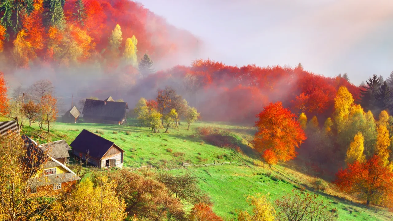 Foggy morning in the Carpathian mountains. Sokilsky ridge, Ukraine, Europe.