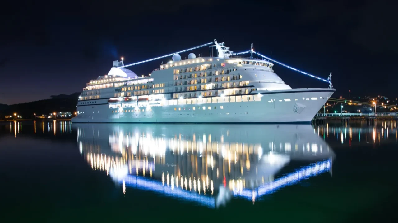 luxury cruise ship at sunset