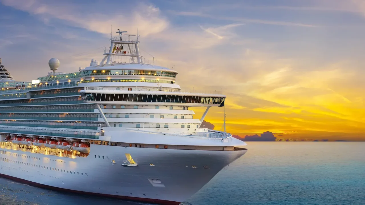luxury cruise ship sailing to port on sunrise