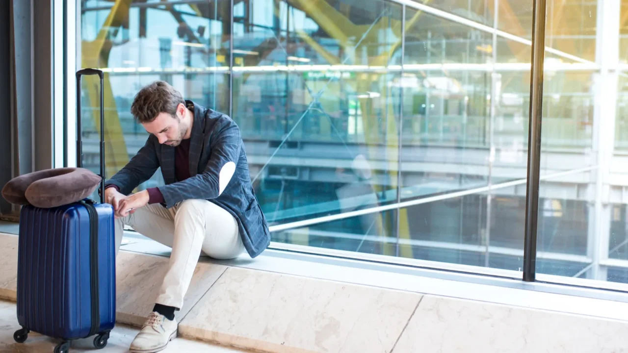 man upset sad and angry at the airport his flight