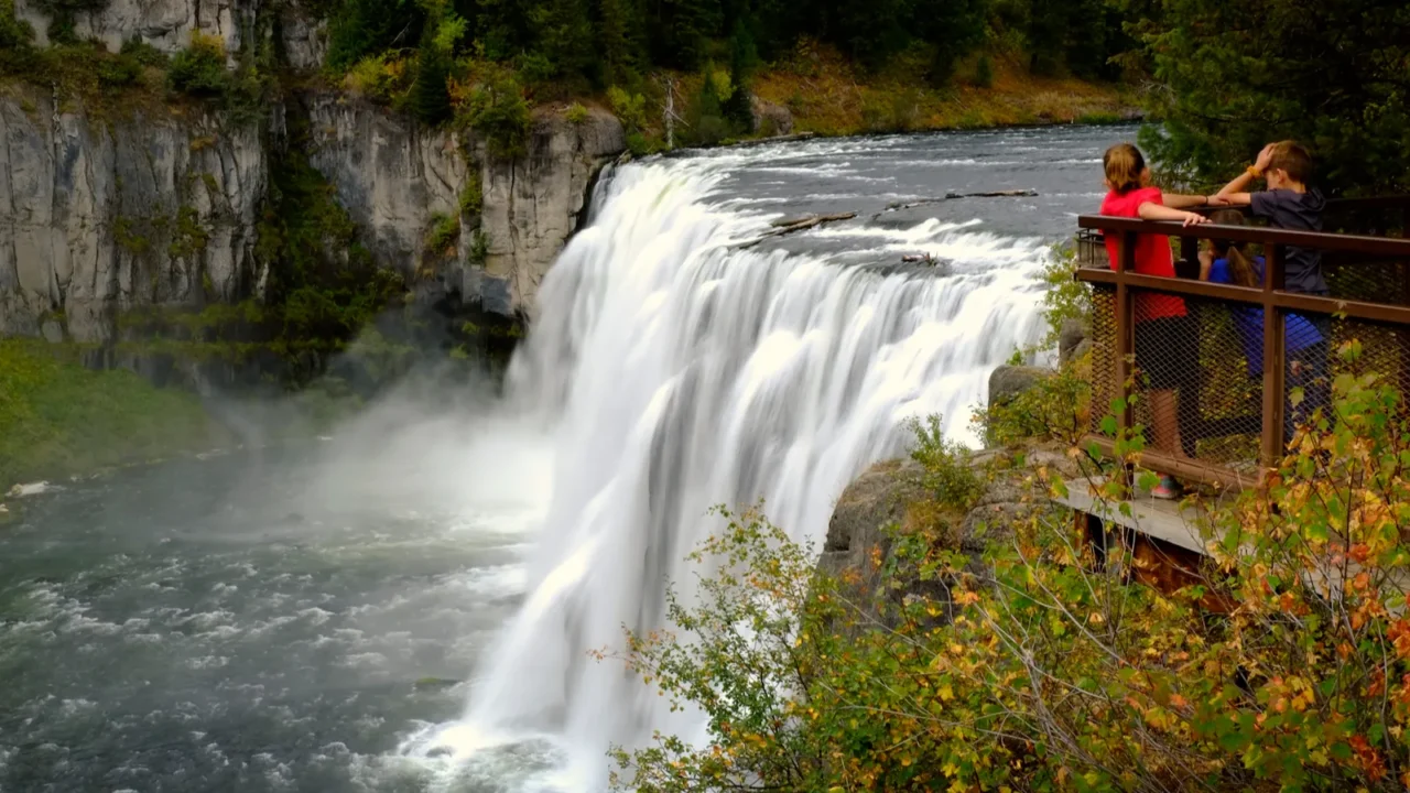mesa falls large waterfall with tourists