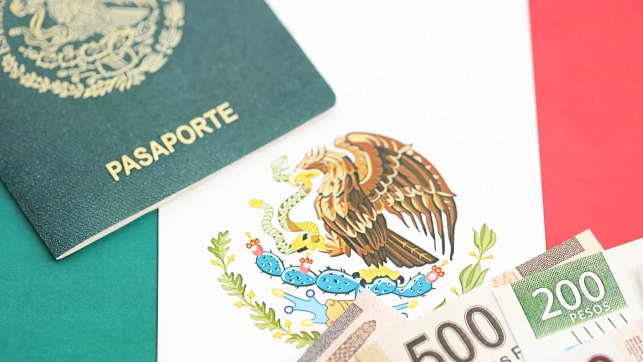 mexican pesos money bills in big amount and passport lies