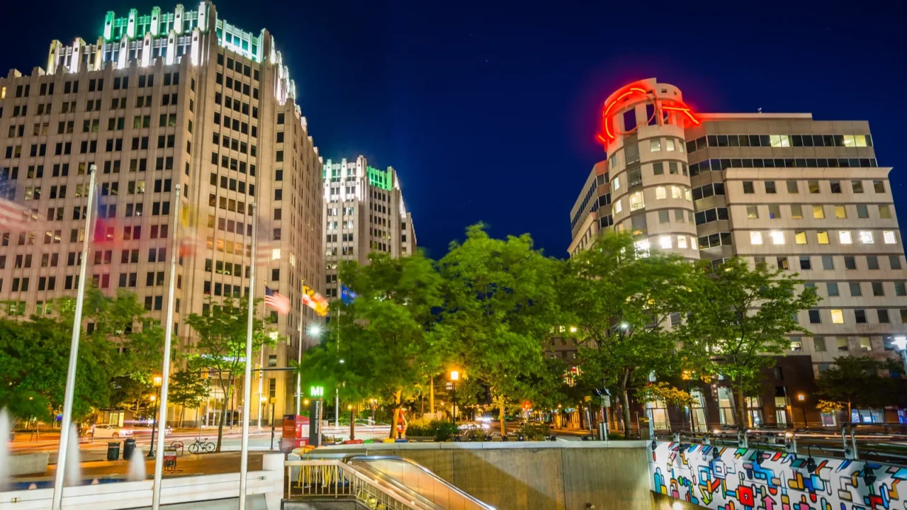 modern buildings and metro station at night in downtown bethesd