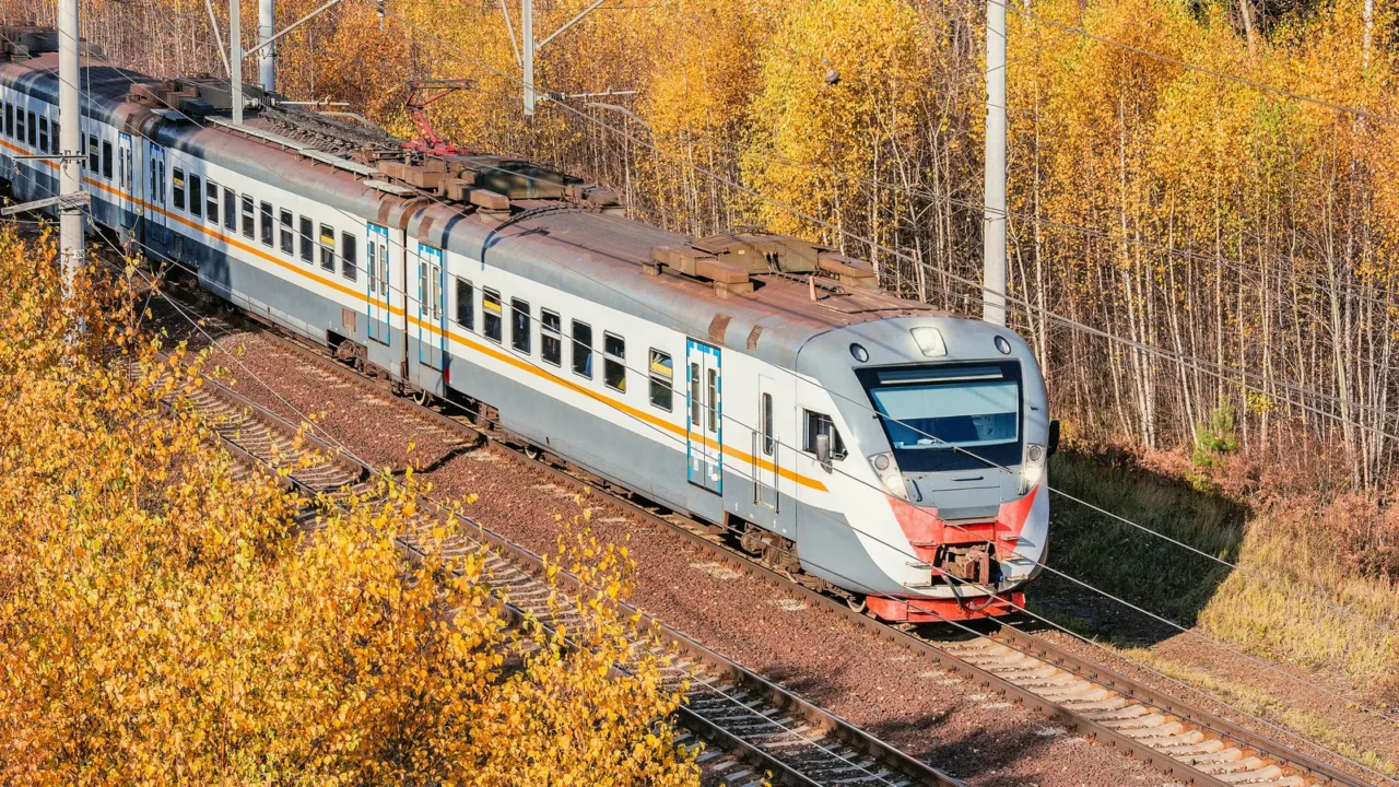 modern highspeed train approaches to the station at autumn morning